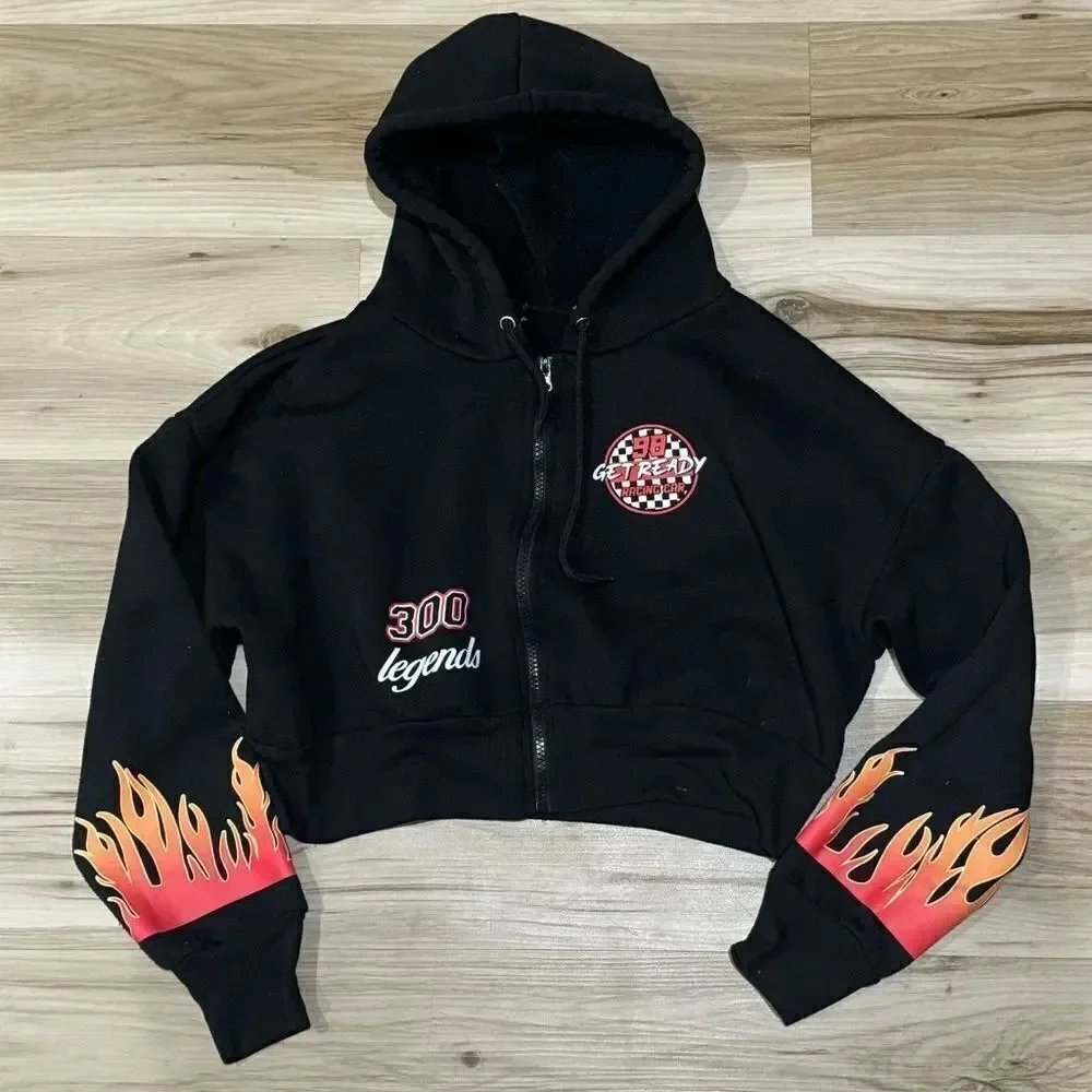 Racecar Black Cropped Zip Up Hoodie Sweatshirt Women’s Small